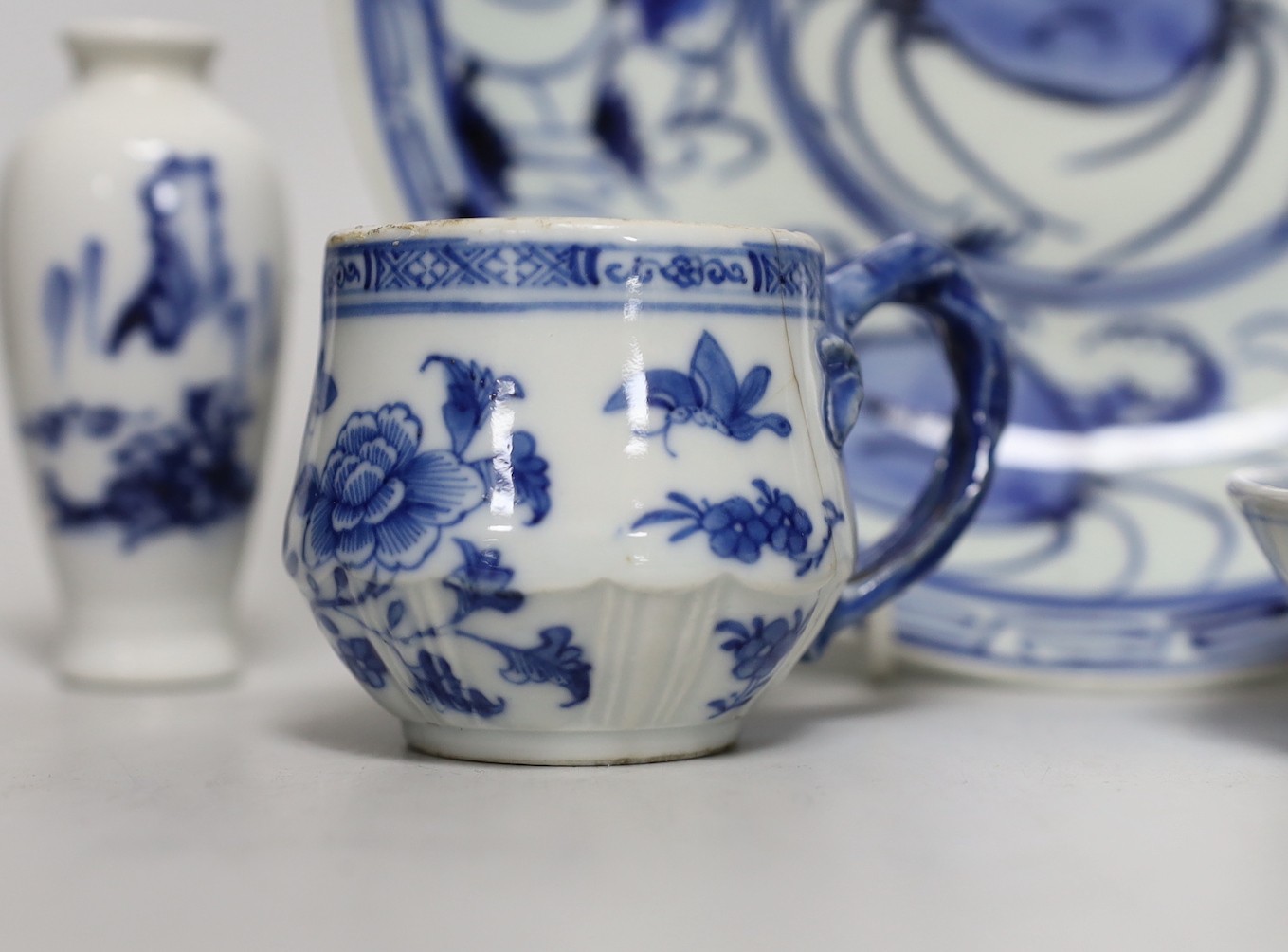 Two Chinese blue and white miniature vases, a cup and saucer and dish, largest dish 22cms diameter